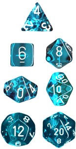 Würfelset: 7 Würfel mehrseitig Translucent Teal/white Polyhedral 7-Die Set